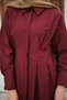 Women's Waist Pleated Shirt Collar Hidden Button Dress Claret Red - 6