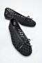 Women's Black Knitted Ballet Flats - Bow-Tie Straw Look Comfortable Summer Vacation and Beach Shoes