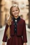 Girl's Collar and Jacket Edges Striped Detail Jacket Classic Shirt Pleated Claret Red Chanel Skirt Set - 5