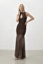 Drop Collar Tulle Detailed Long Dress with Back Zipper