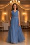 Girls' V-Neck Beaded Waist Detail Tulle Long Evening Dress ABY2027 - 3