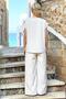 Beige Striped Blouse Pants Linen Set - 5
