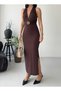 V-Neck Halter Neck Tie-Detail Waist Cuffed Gold Accessory Detail Side Ruched Side Slit Maxi Dress - 7