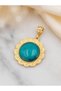 Natural Handmade Gold Framed Turquoise Colored Murano Glass Pendant - 2