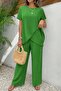Women's Short Sleeve Crew Neck Asymmetrical Cut Detailed Wrinkled Blouse and Trousers Two-Piece Set