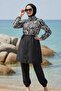 Fully Covered Black Patterned Hijab Islamic Swimwear 3-Piece Set Parachute Fabric - 5