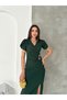 Women's Green Crepe Fabric Short Sleeve Double-Breasted Collar Midi Length Dress 10E-2405 - 2