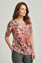 Women's Plus Size Lycra Crew Neck Patterned Short Sleeve Mom T-Shirt Combed Cotton Blouse