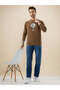 Textured Front Print Lightweight Brown Sweatshirt - 5