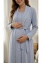 Women's Blue Shawl Collar Trimmed Maternity and Postpartum Nightgown and Robe Set - 7