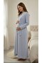 Women's Blue Shawl Collar Trimmed Maternity and Postpartum Nightgown and Robe Set - 4