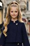 Girl's Turtleneck Single Button Jacket Asymmetrical Cut Gold Button Detail Navy Blue Chanel Skirt Suit - 5