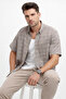 Men's Brown Short Sleeve Shirt with Linen Effect, Wide Cut, Pockets, Cotton Checkered - 4