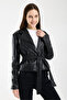 Belted Black Zipperless Short Women's Faux Leather Jacket - 4