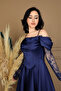 Satin Collar Lace Detailed Midi Dress - Dark Blue - 3