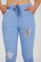 Women's Blue Italian Star D Patterned Sequined Elastic Waist Lace-Up L Stretch Fabric Pants 40 - 46 Size - 6