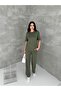 Women's Crew Neck Stone Detailed Pocketed Shiny Double Set