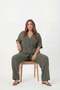 Waist Tie Detailed V-Neck Women's Plus Size Jacket and Trousers Set Khaki - 3