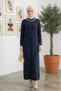 Women's Navy Blue Crystal Fabric Stone Detailed Long Hijab Dress - 6