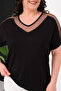 Women's Plus Size Black, Collar Tulle and Stone Detailed Viscose Blouse 65N39417 - 5