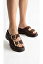 Double Buckle Detail High Wedge Heel Lu Suede Comfortable Women's Summer Slipper Sandals