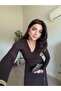 Coffee Stretch Fabric Slit Long Dress - 4