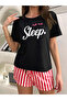 Black Slogan Text Print T-Shirt and Striped Shorts Set - 3