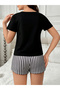 Black Text Print T-Shirt and Striped Shorts Set - 6