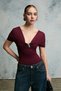 Asterova Women's Stretchy Fabric V-Neck Buckle Detail Claret Red Blouse