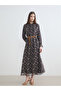 فستان شيفون أسود بياقة عالية وحزام مزين بنقوش (S6)