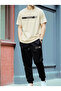 T-shirt Sweatpants Jogger- Black Printed Bottom Top Tracksuit Set Oversize Crew Neck