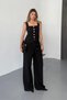 Women's Square Collar Gold Buttoned Vest Pant Suit with Tie Detail on the Back - 3