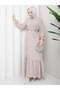 Skirt Ruched Half-Buttoned Belted Dress Cream Hnt8602 - 5