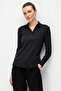 Women's Polo Collar Needle Embroidered Pa Cotton Combed Cotton Blouse 26806 Black