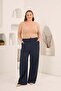 Elastic Waist Wide-Leg Plus Size Women's Linen Pants Navy Blue - 5