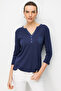 Women's Open Collar, Metal Buttoned Sleeves, Cotton Piece Combed Cotton Blouse 26805 Navy Blue