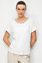 Women's Crew Neck Combed Cotton T-Shirt with Straw Accessories 26819 Ecru