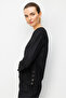 Women's O-Neck Verev Striped Side Buttoned Long Sleeve Fine Knit Blouse 26372 Black - 2