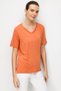 Women's V-Neck Pocket Satin Striped Combed Cotton T-Shirt 26828 Salmon - 3