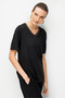 Women's V-Neck Collar Chain Trim Combed Cotton T-Shirt 26707 Black