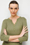Women's Open Collar, Metal Buttoned Sleeves, Cotton Piece Combed Cotton Blouse 26805 Khaki - 2