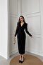 Women's Black Wrap Ruched Glittery Premium Midi Dressdpelb08 - 3