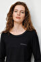 Women's Crew Neck Pocket Satin Striped Combed Cotton Blouse 26832 Black - 3