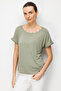 Women's Crew Neck Combed Cotton T-Shirt with Straw Accessories 26819 Khaki