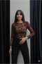Women's Brown Floral Print Sheer Tulle Blouse Long Sleeve Stylish Body - 4