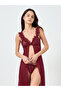 Burgundy Applique Trim Slip Dress with Brief - 2