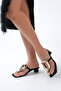 Women's Flip Flops Black Suede Slipper Gold Buckled Low Heels with Blunt Toe - Stylish Summer Trend - 5