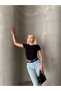 Women's Black Crew Neck Side Ruched Detail Soft-Textured Elastane Blouse - 5