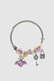 Silver Purple Bijouterie Handcuff Bracelet with Winged Heart and Key Figures - 3