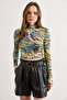 Women's Zebra Green Patterned Cropped Stretchy Tulle Blouse Blz-19003264 - 2